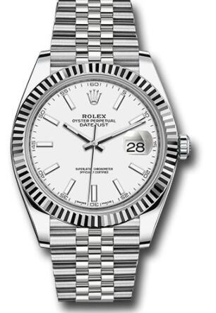 Replica Rolex Steel and White Gold Rolesor Datejust 41 Watch 126334 Fluted Bezel White Index Dial Jubilee Bracelet